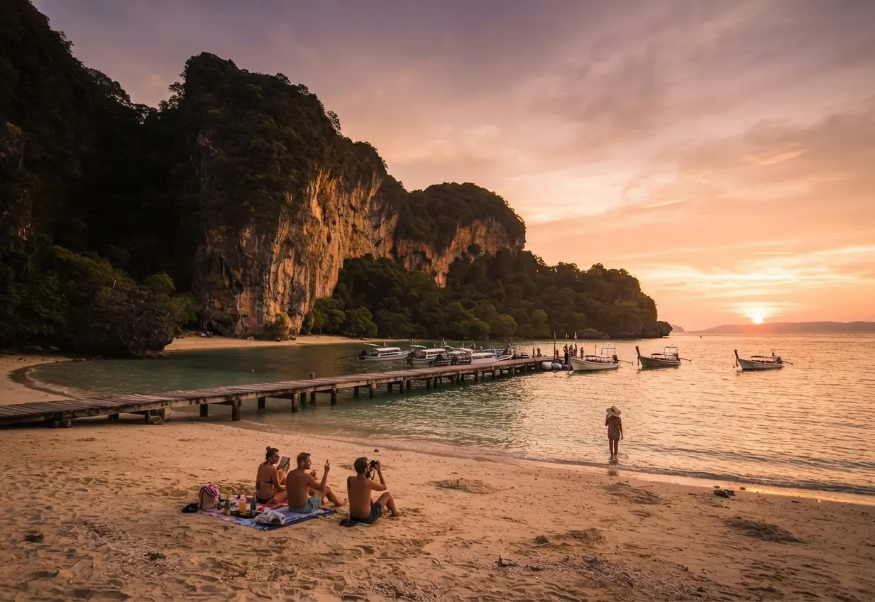 Travellers relaxing on a beach beside a long wooden pier and moored boats at sunset