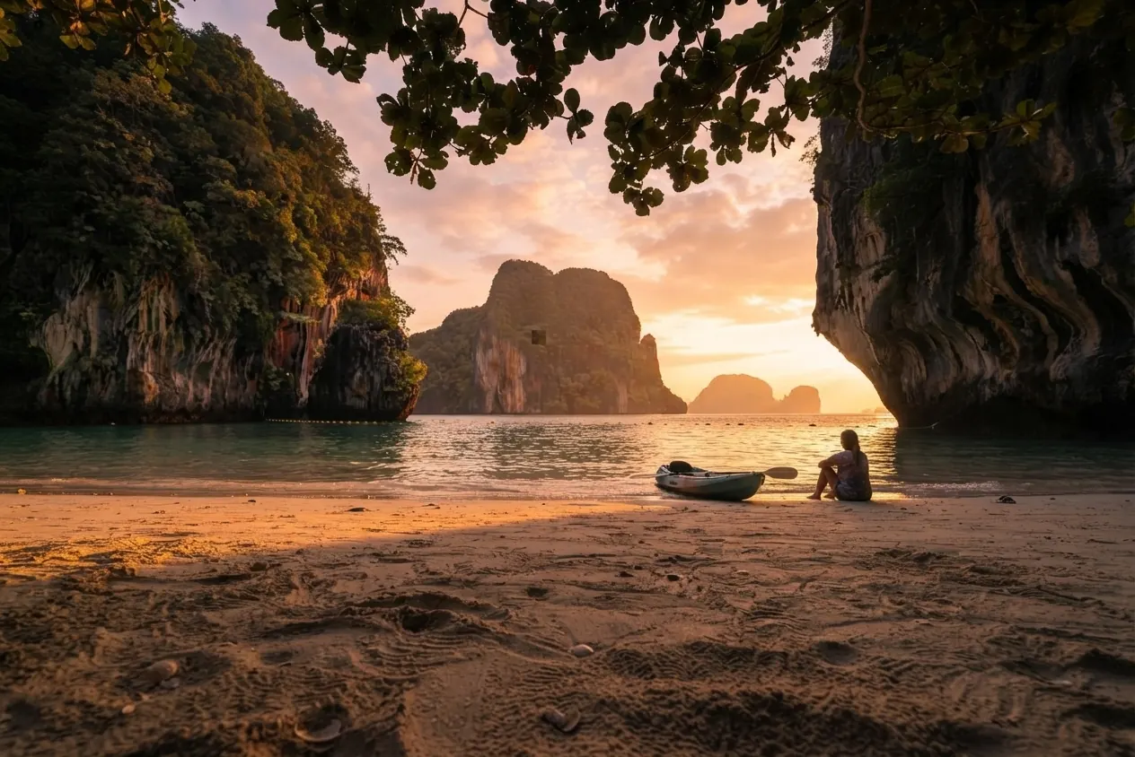 Traveller reading on a beach beside a kayak, framed by limestone cliffs at sunset