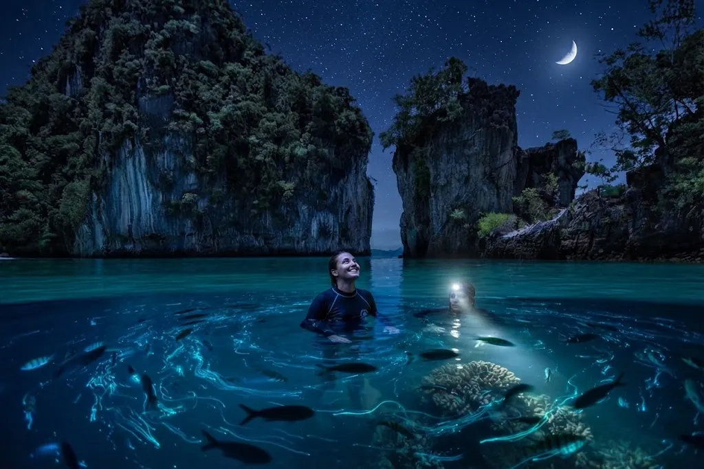 Swimmer surrounded by glowing bioluminescent plankton and fish at night among limestone cliffs