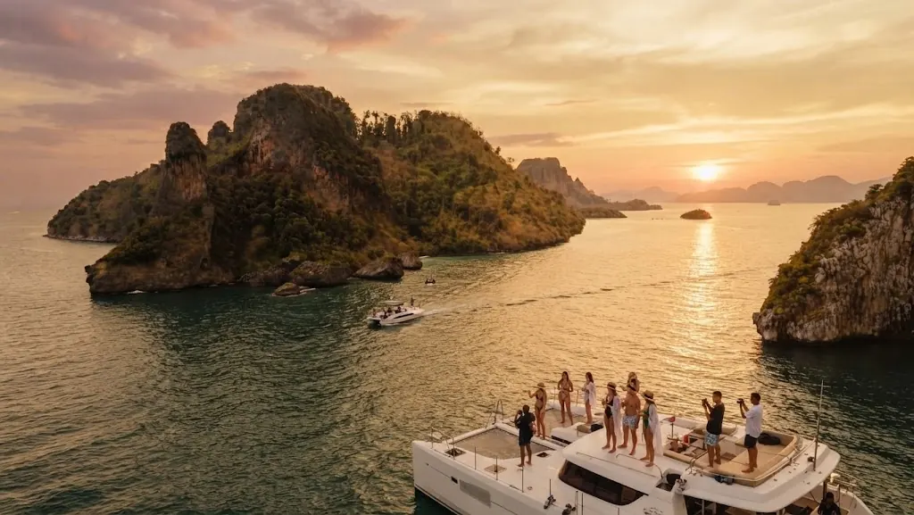 Guests on a catamaran deck watching the sunset over Krabi's islands