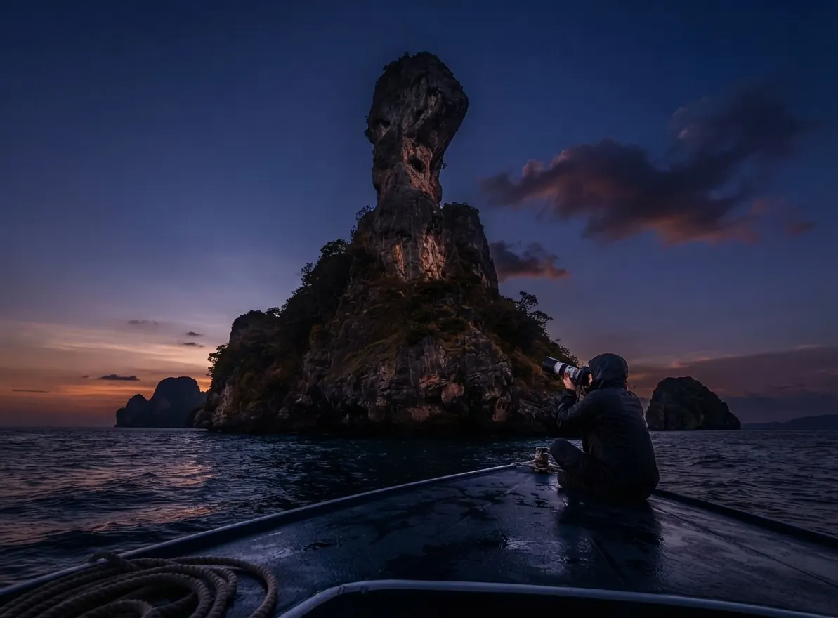 Photographer on a boat bow capturing Chicken Island's chicken-head rock at blue hour