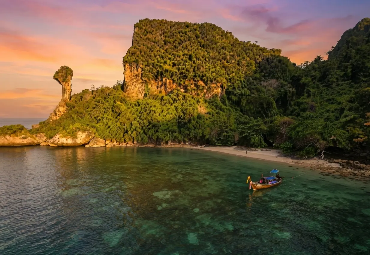 Chicken Island's rock formation above a turquoise bay with a longtail boat anchored over the reef