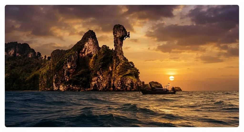 Chicken Island's rocky silhouette with the sun setting behind and a longtail boat