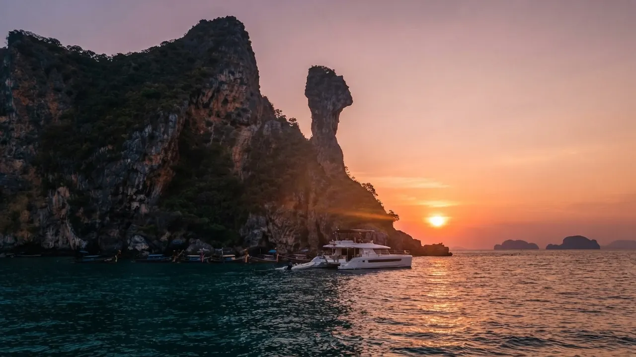 Chicken Island's chicken-head rock silhouetted at sunset with a tour boat anchored below