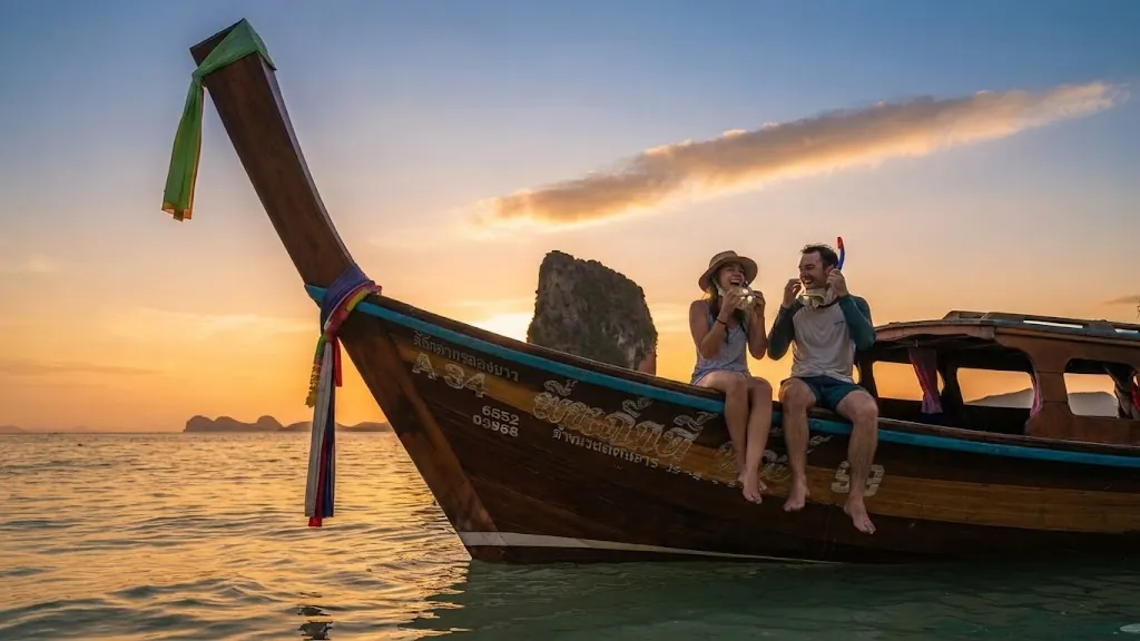 Couple sitting on the bow of a ribbon-decorated longtail boat at sunset