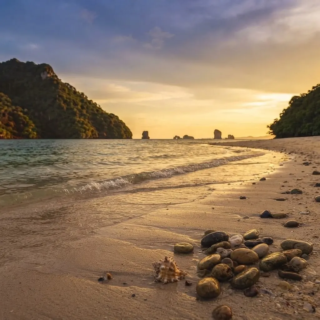 Pebbles and shells on a quiet island beach at sunset