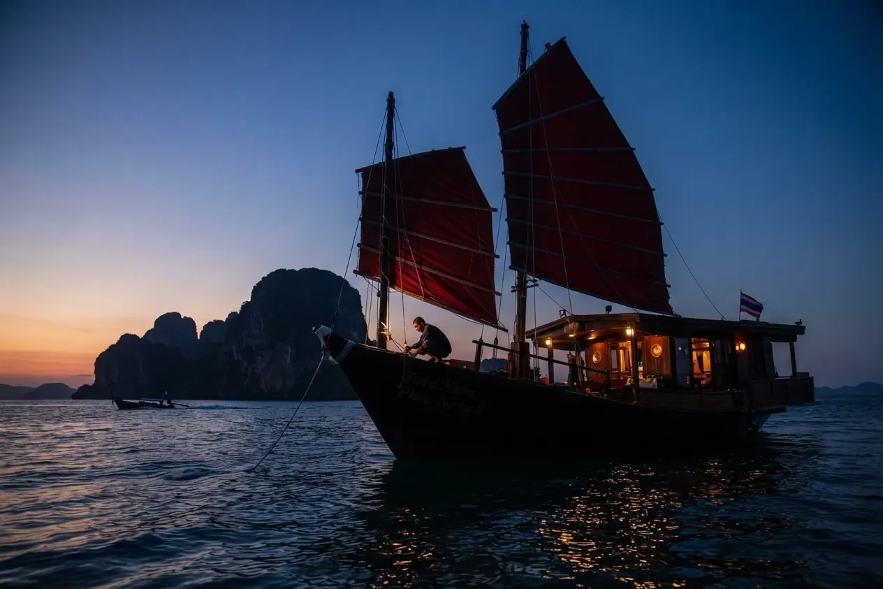 Traditional junk boat with red sails and warm cabin lights at dusk near limestone cliffs