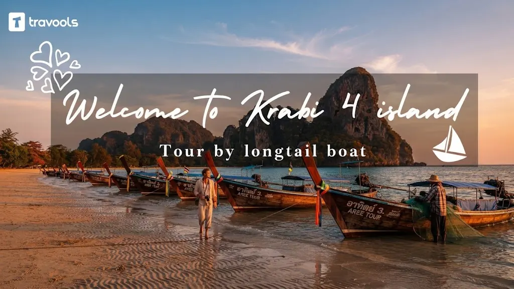 Welcome to Krabi 4 island tour by longtail boat: longtails lined up on the beach at sunset