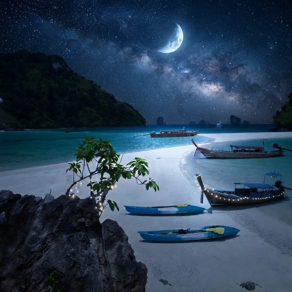 Milky Way and crescent moon over a Krabi island beach with longtail boats and kayaks at night