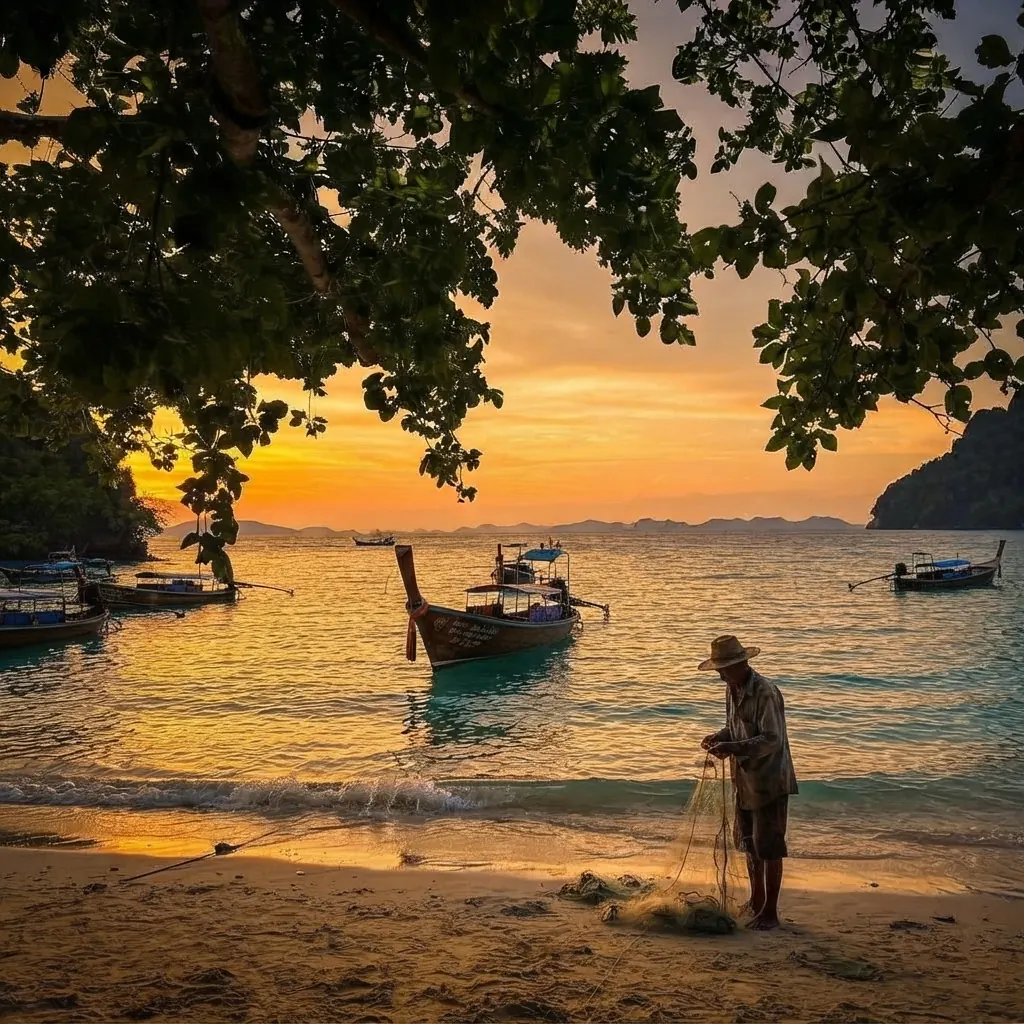 Fisherman handling a net on a Krabi beach at sunset with longtail boats