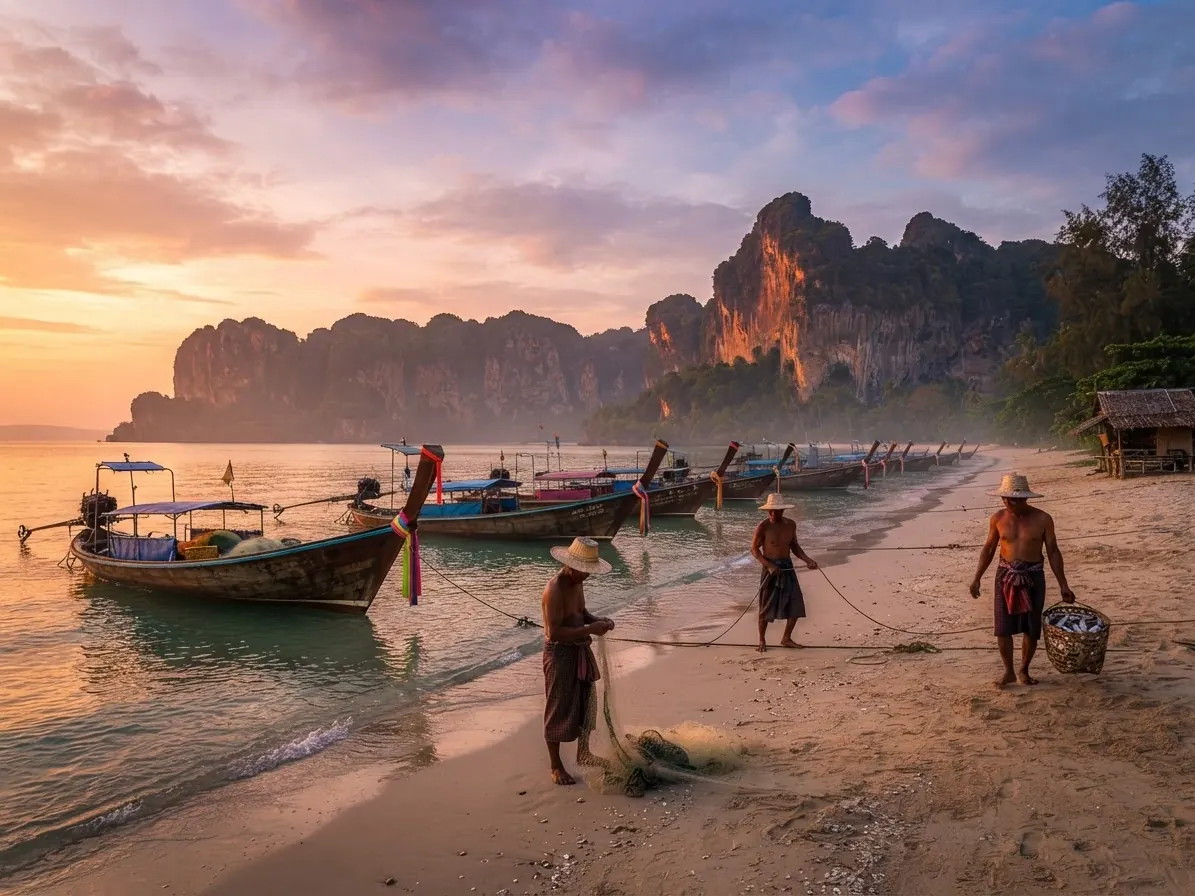 Local fishermen pulling nets on a Krabi beach beside longtail boats at sunset