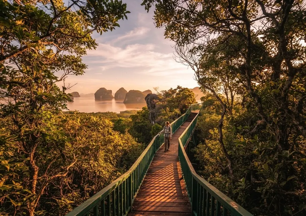 Wooden boardwalk through tropical forest leading to a viewpoint over Krabi's islands