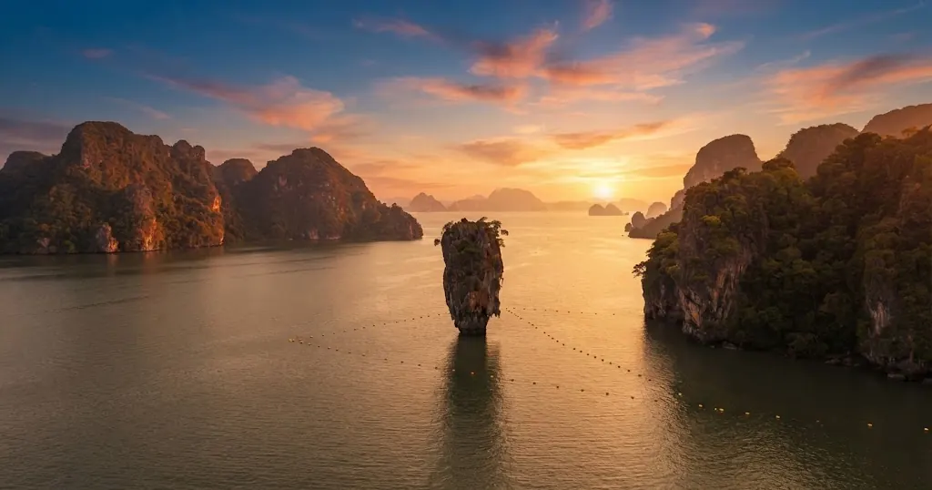 Needle-like limestone pinnacle standing in a calm bay at sunset