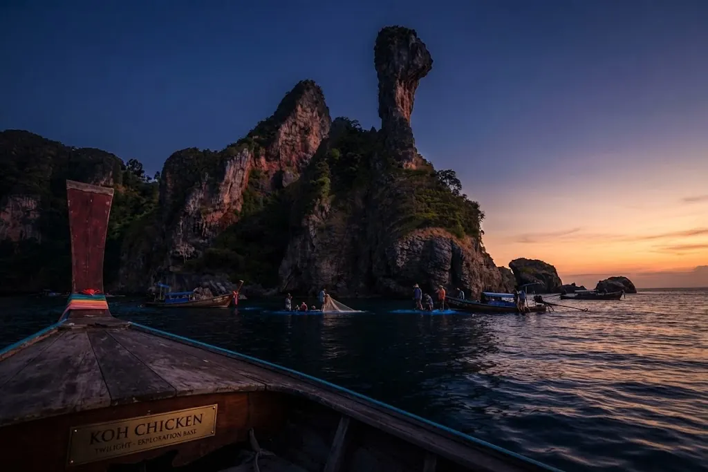 Bow of a longtail boat named Koh Chicken heading toward Chicken Island's rock at dusk