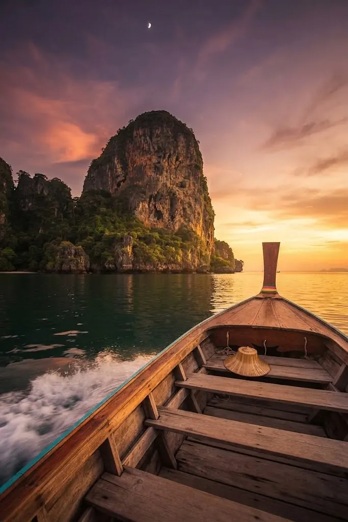 View from a longtail boat bow heading toward a limestone island at sunset