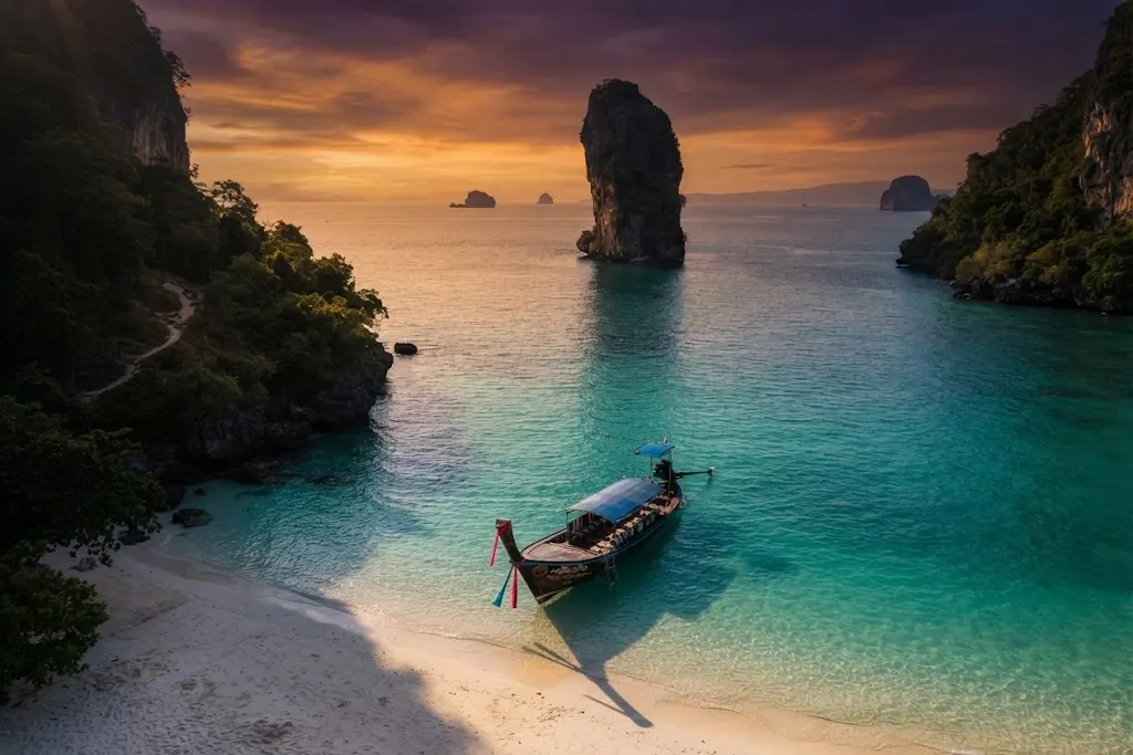 Longtail boat in a turquoise cove facing a sea stack at sunset