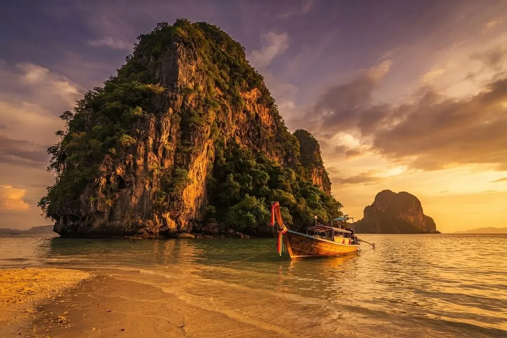Longtail boat moored at a beach below a tall limestone island at sunset