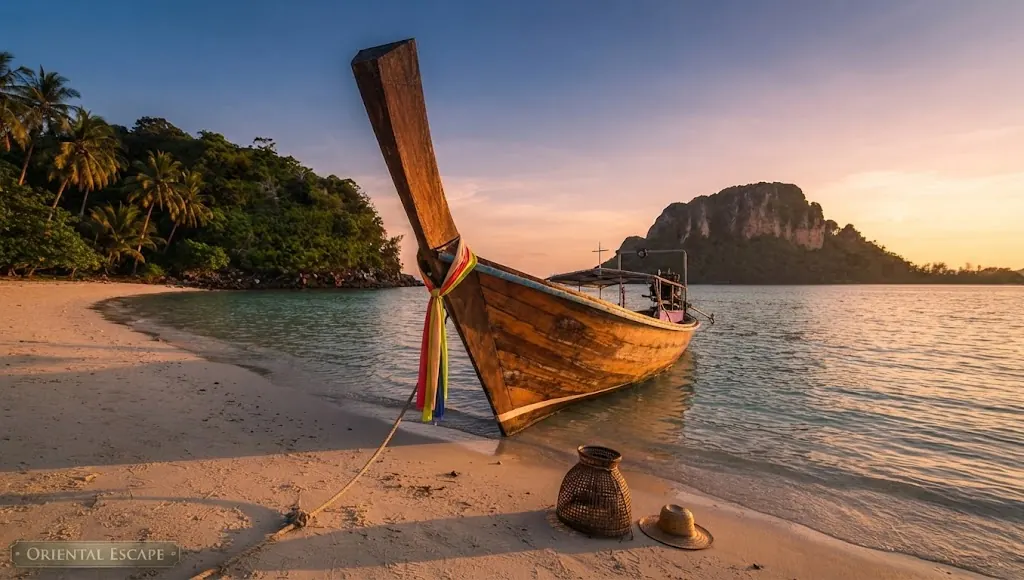 Longtail boat with a ribbon-wrapped prow resting on a beach at sunset