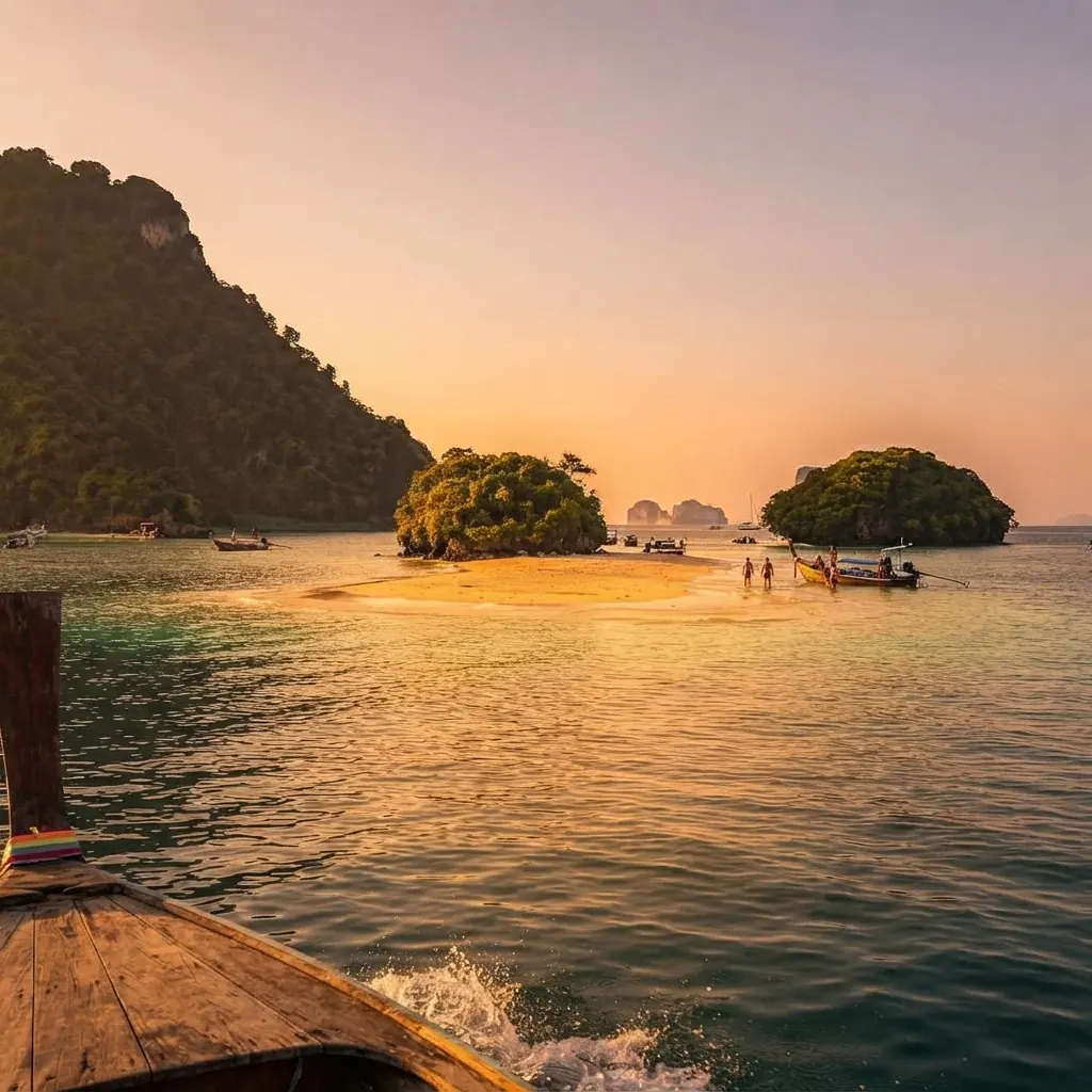 View from a moving longtail toward the Tup Island sandbar and islands at sunset
