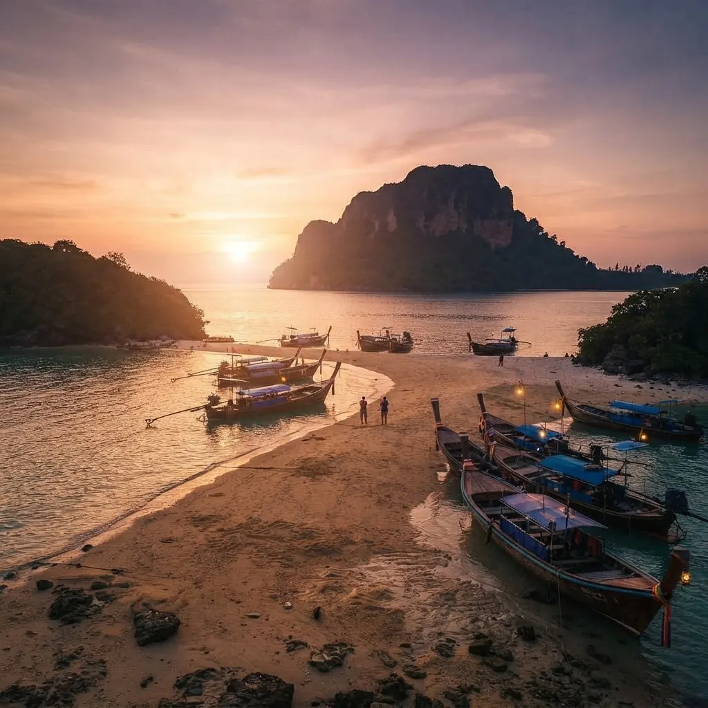 Dozens of longtail boats pulled up on a beach at sunset with a limestone island offshore