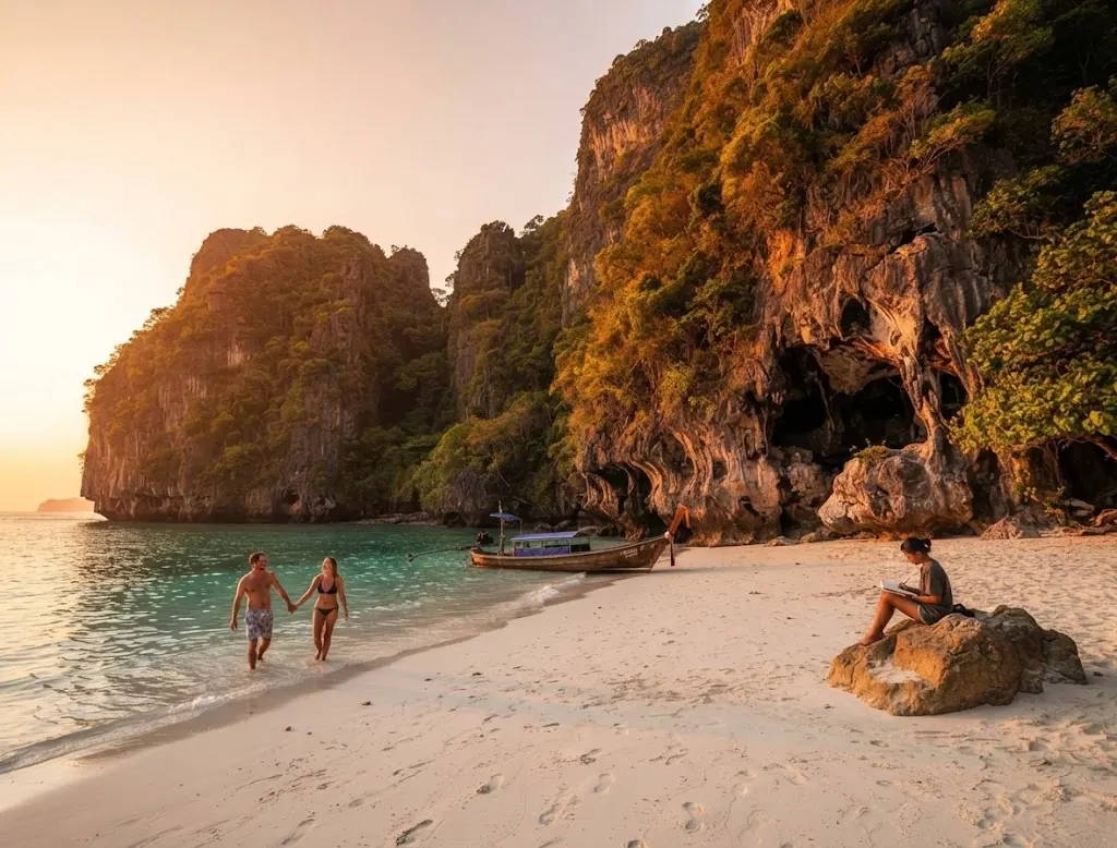 Couple walking on Phra Nang Beach beneath cave-pocked cliffs in soft morning light