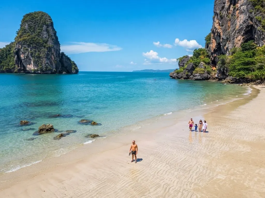 Phra Nang Cave Beach on a sunny day with turquoise water and limestone cliffs