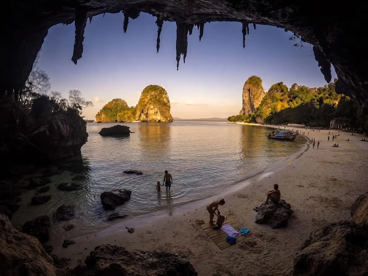View from a cave mouth onto Phra Nang Cave Beach with swimmers and limestone islets