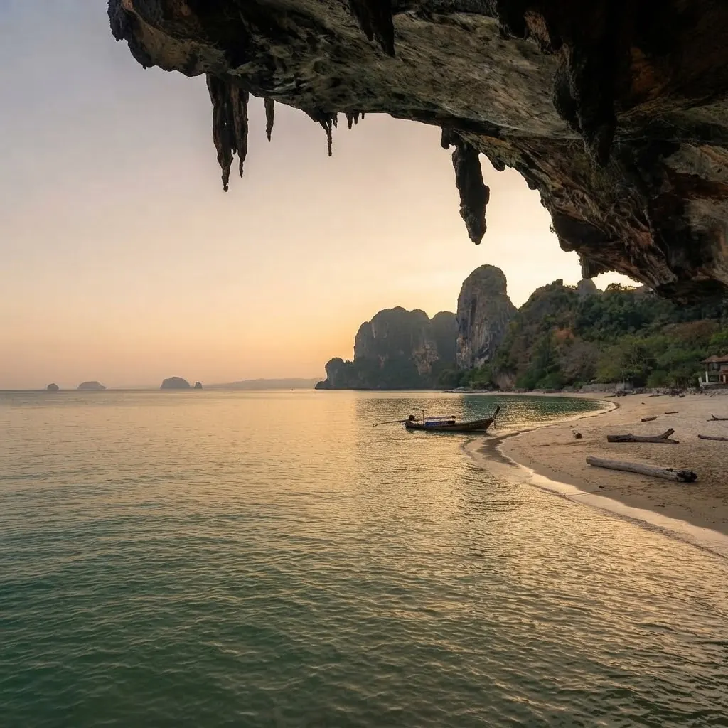 Sunset view from under the stalactite overhang at Phra Nang Cave Beach, Railay