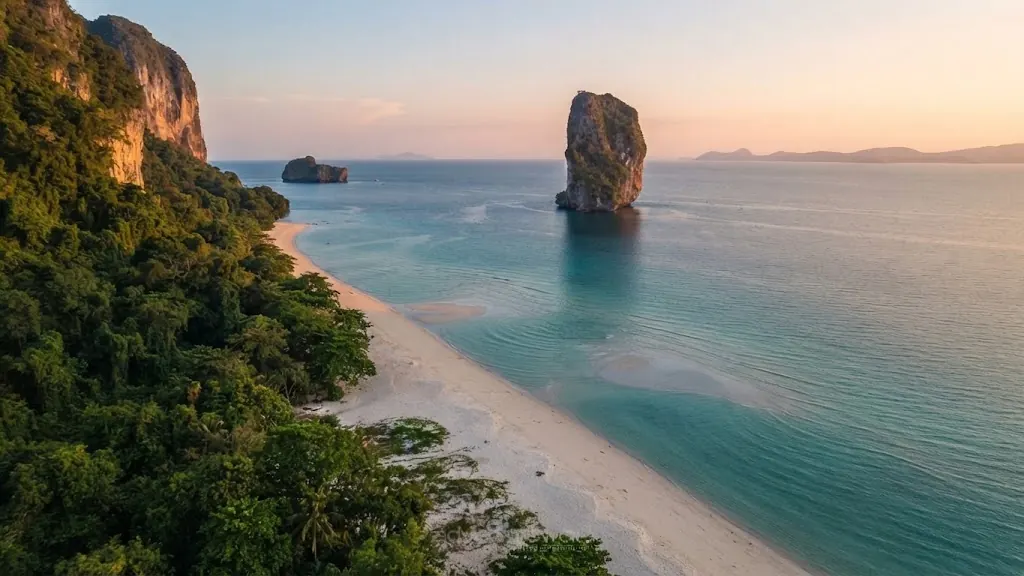Aerial view of Poda Island's beach and forest with its sea stack offshore