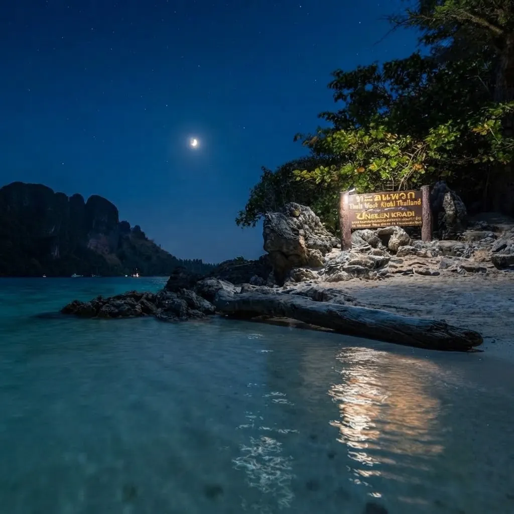 Moonlit beach at Poda Island with the national park sign and calm water at night