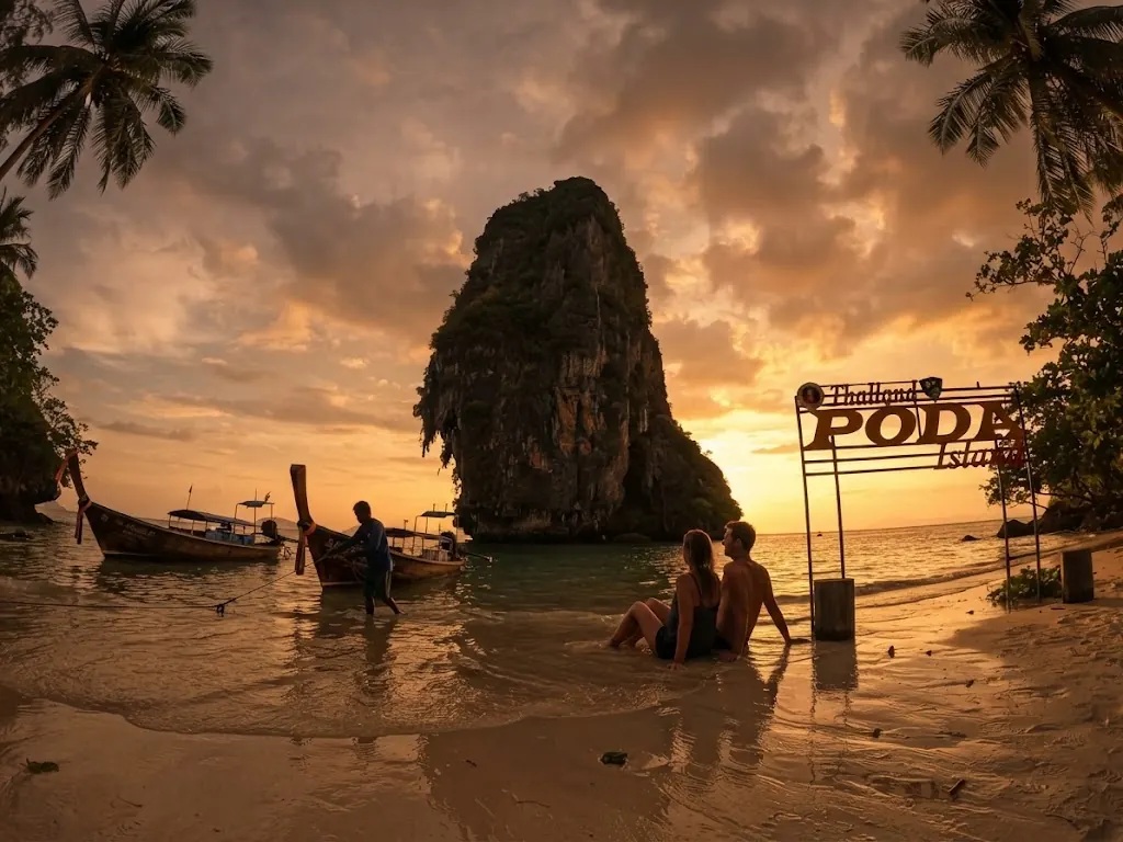 Couple sitting by the Poda Island sign at sunset with longtail boats and a sea stack behind