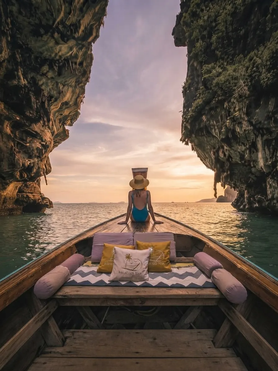 Traveller on the cushioned bow of a private longtail boat between two cliffs