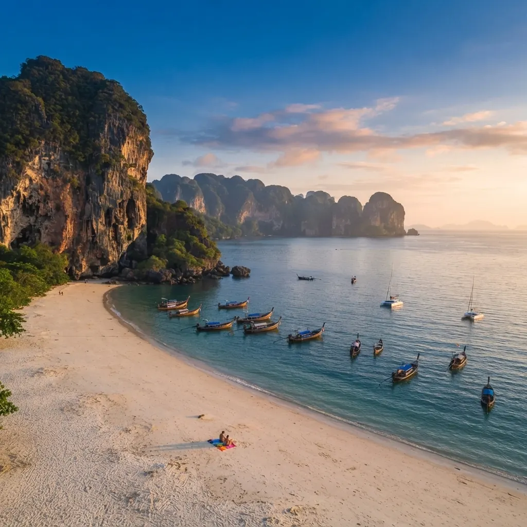Aerial view of a curved Railay beach lined with longtail boats and limestone cliffs