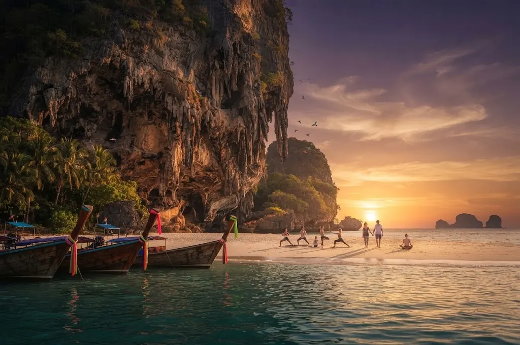 Longtail boats and travellers on Railay Beach in the evening light