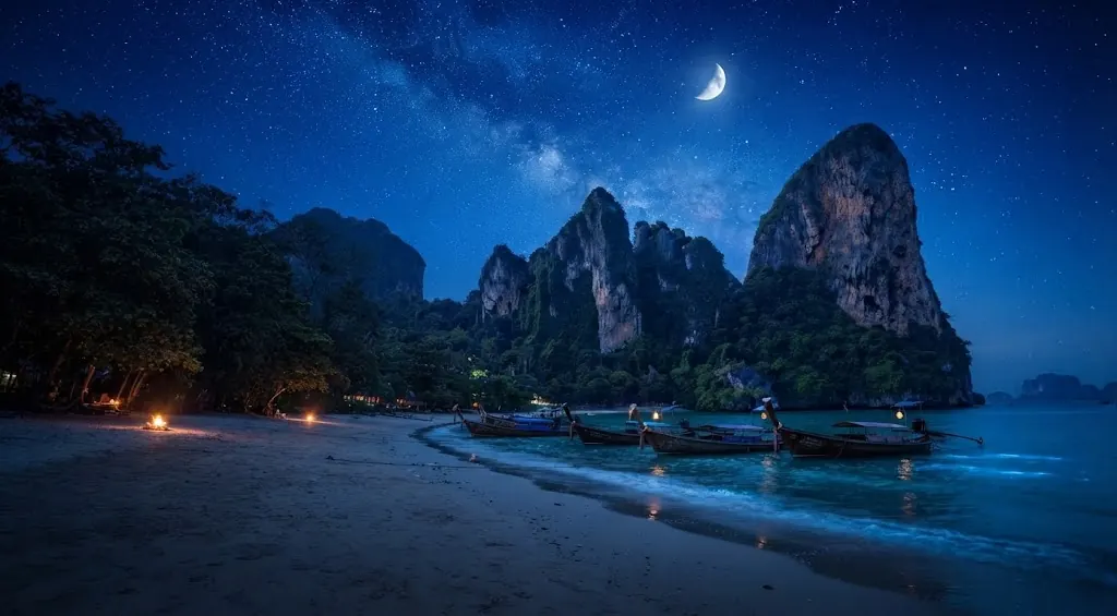 Railay Beach at night with longtail boats beneath limestone cliffs and a starry sky