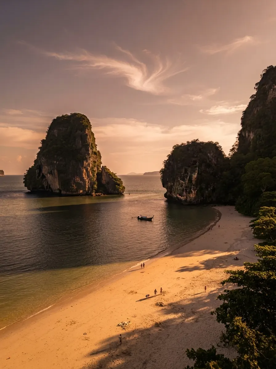 Elevated view of a sandy Railay beach with a sea stack and cliffs in afternoon light
