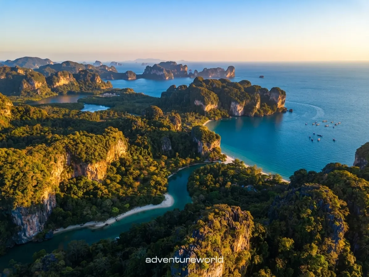 Aerial view of the Railay peninsula's limestone cliffs and bays near Ao Nang, Krabi