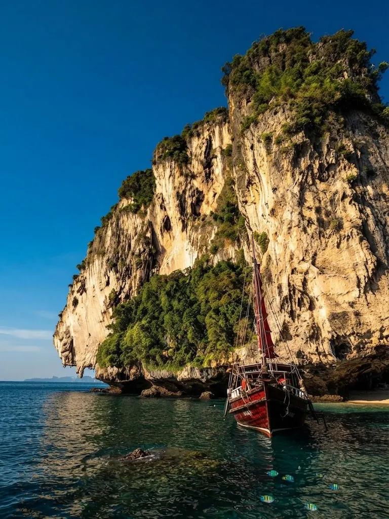 Red-sailed junk boat anchored beside a sheer limestone cliff in the Andaman Sea