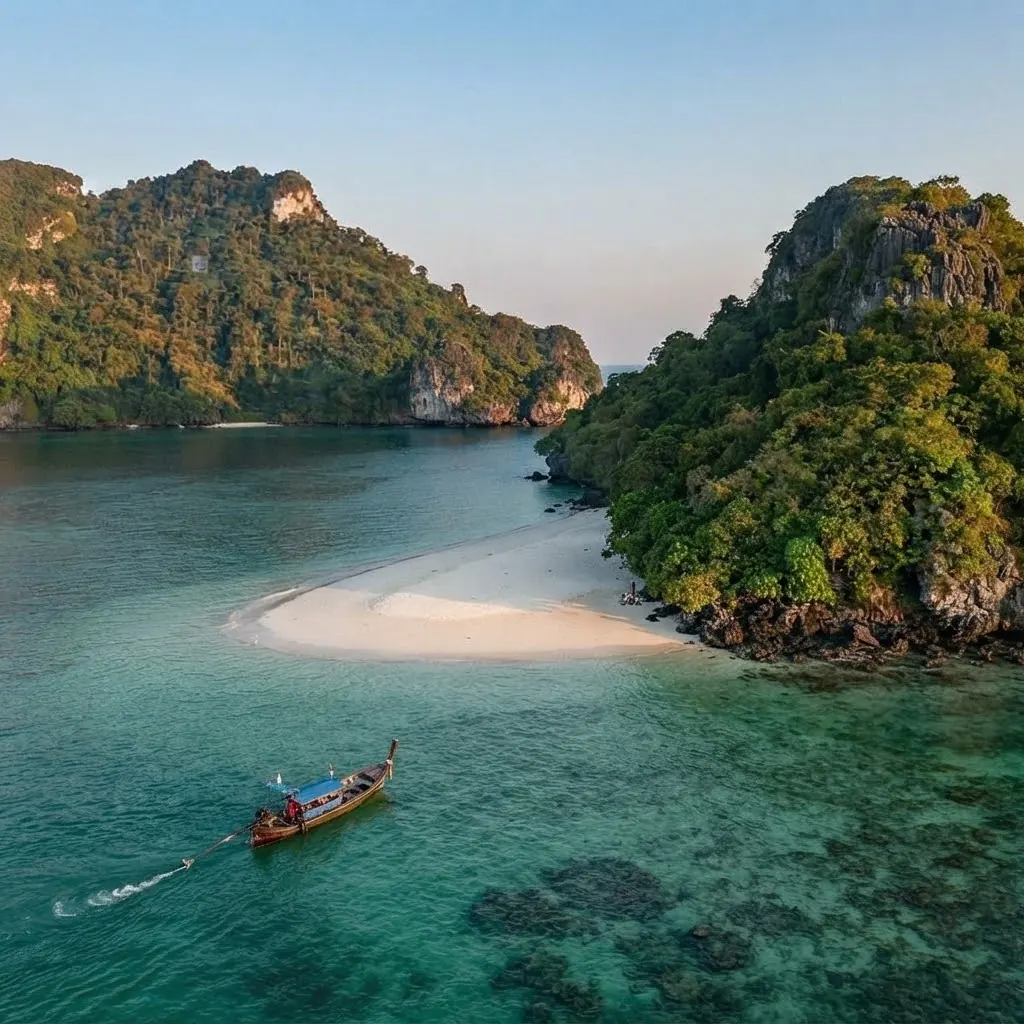 Aerial view of a curved white sandbar and a longtail boat crossing turquoise water