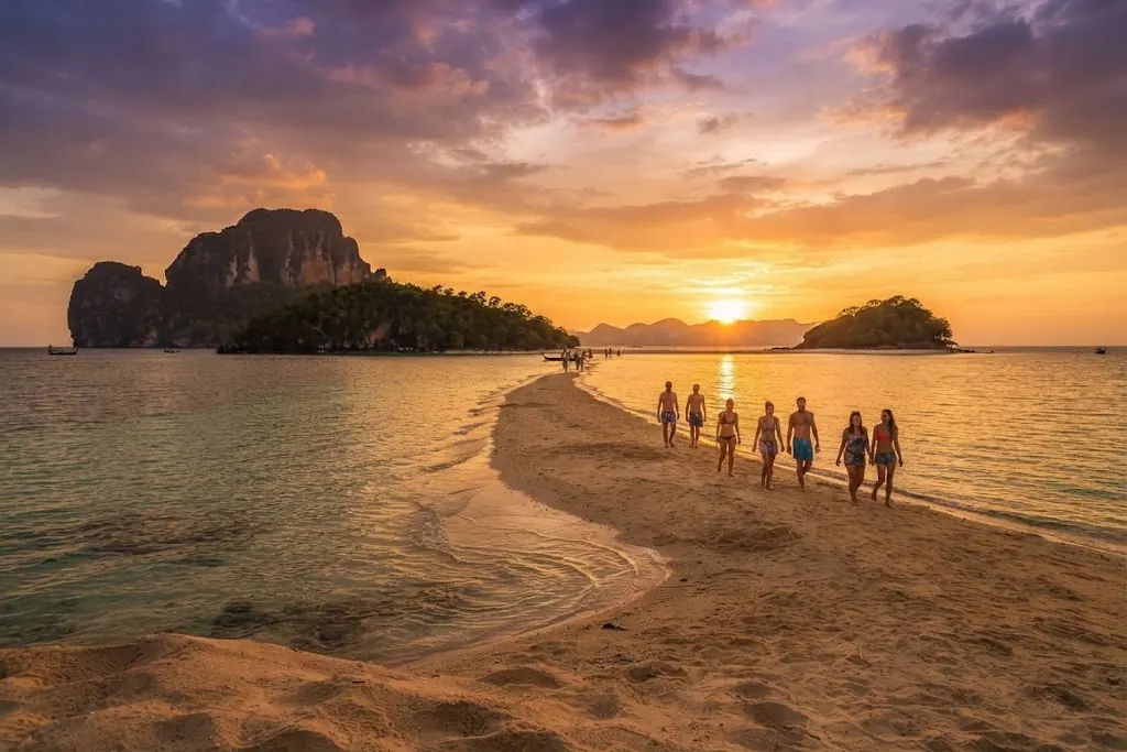 Group of travellers walking the sandbar at low tide on the 4 Island Tour at sunset