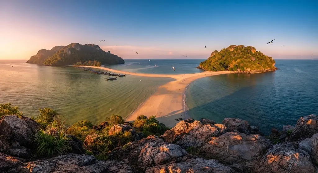 View from rocky ground over a long sandbar joining two islands in turquoise water