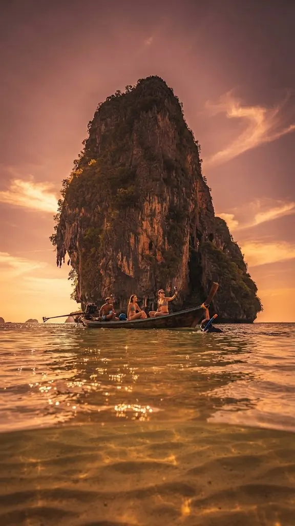 Towering sea stack glowing orange at sunset with a longtail boat at its base