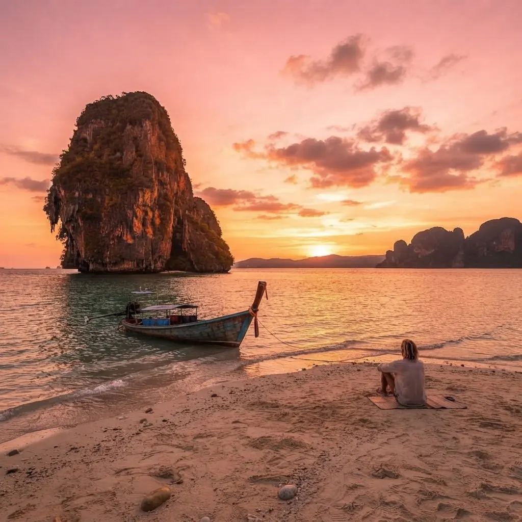 Longtail boat and a traveller on the sand facing a sea stack at sunset near the 4 Islands