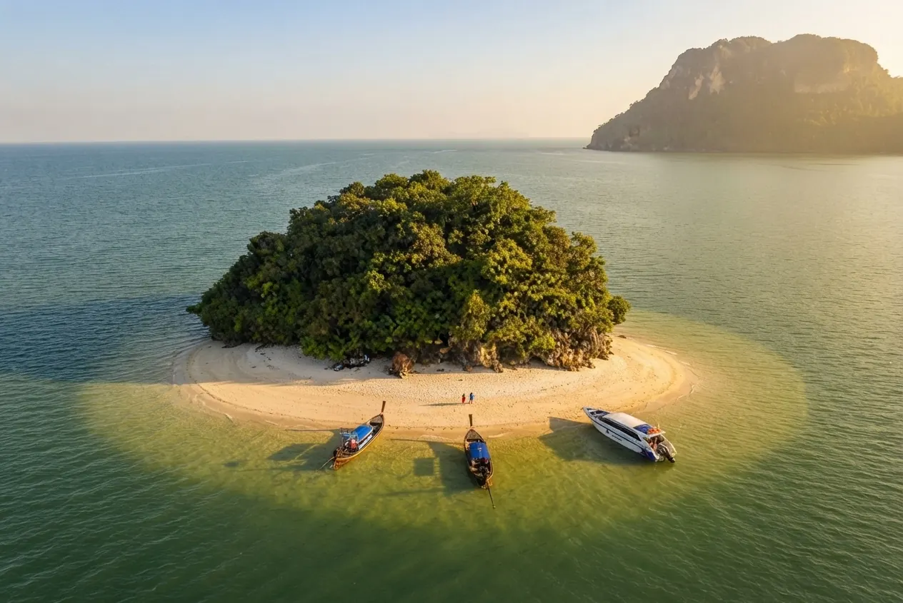 Aerial view of a small round island ringed by sand, with longtails and a speedboat moored