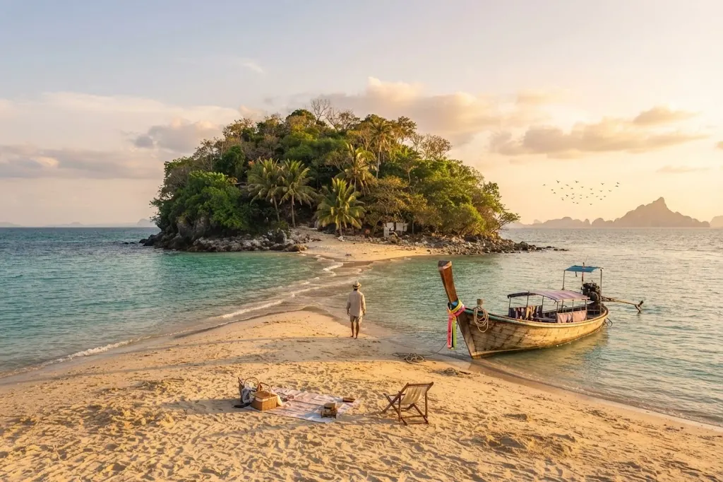 Small island with a sandbar, a picnic set and a longtail boat at sunset