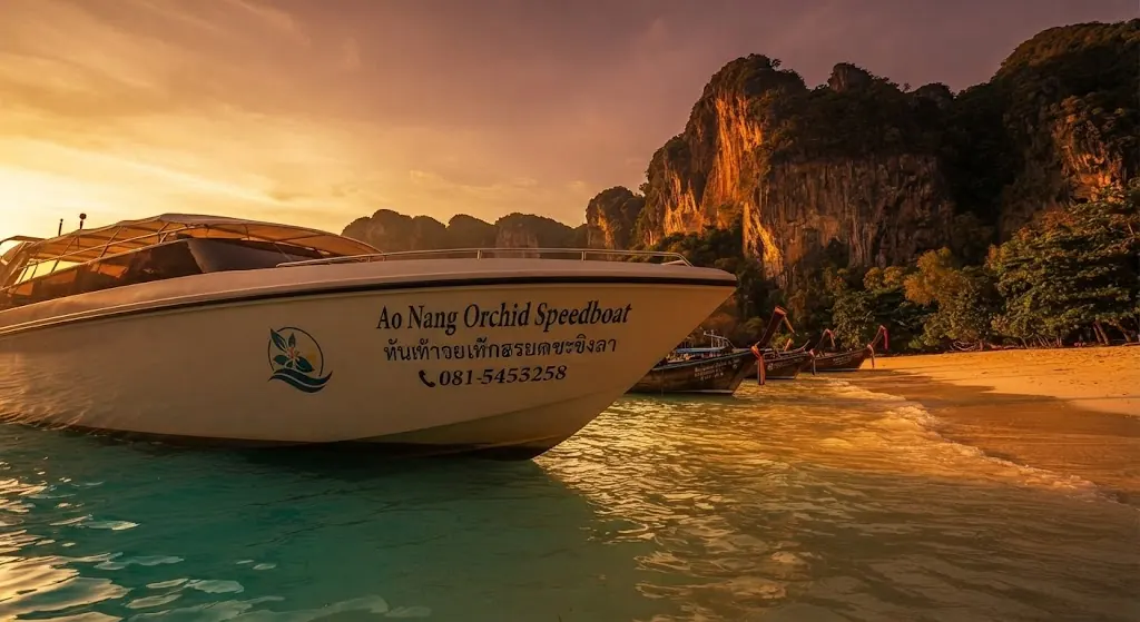 Tour speedboat pulled up on a beach beneath limestone cliffs near Ao Nang at sunset