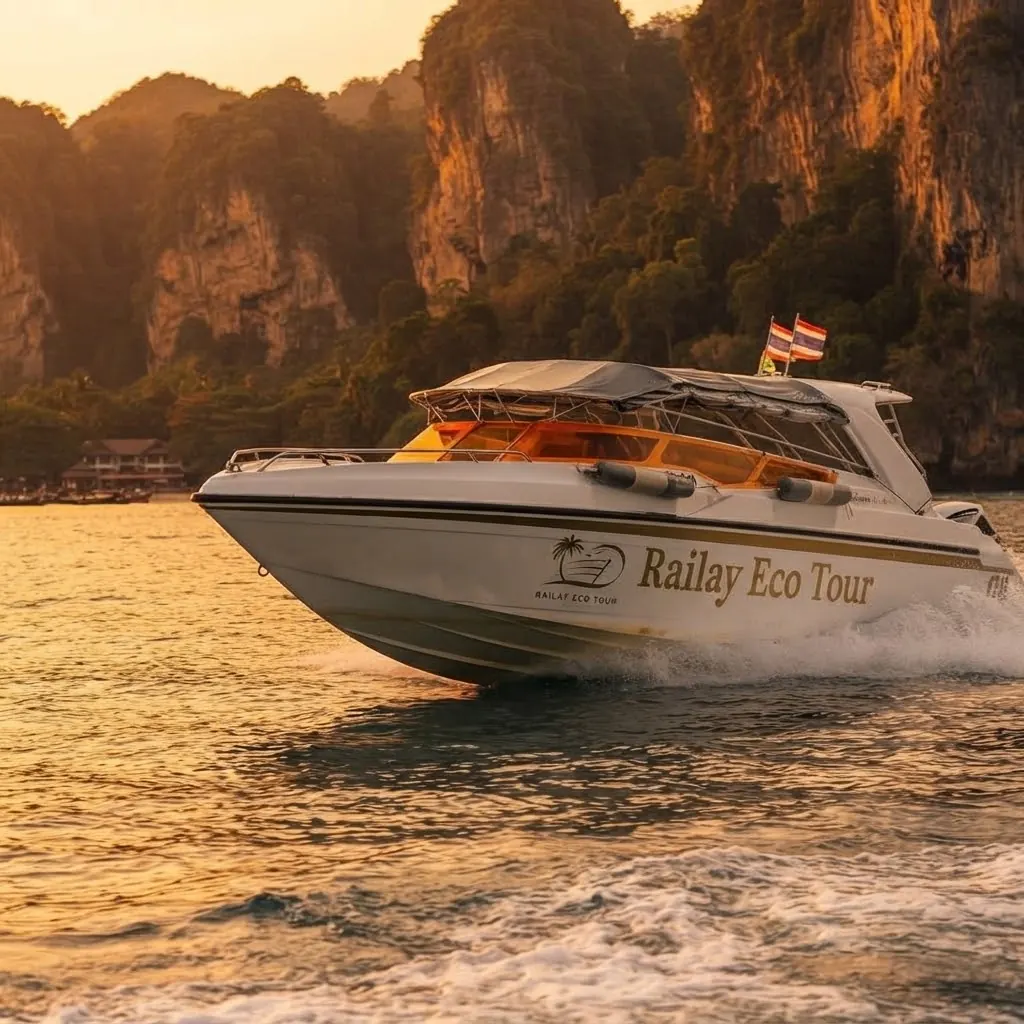 Speedboat cruising past limestone cliffs off Railay at golden hour