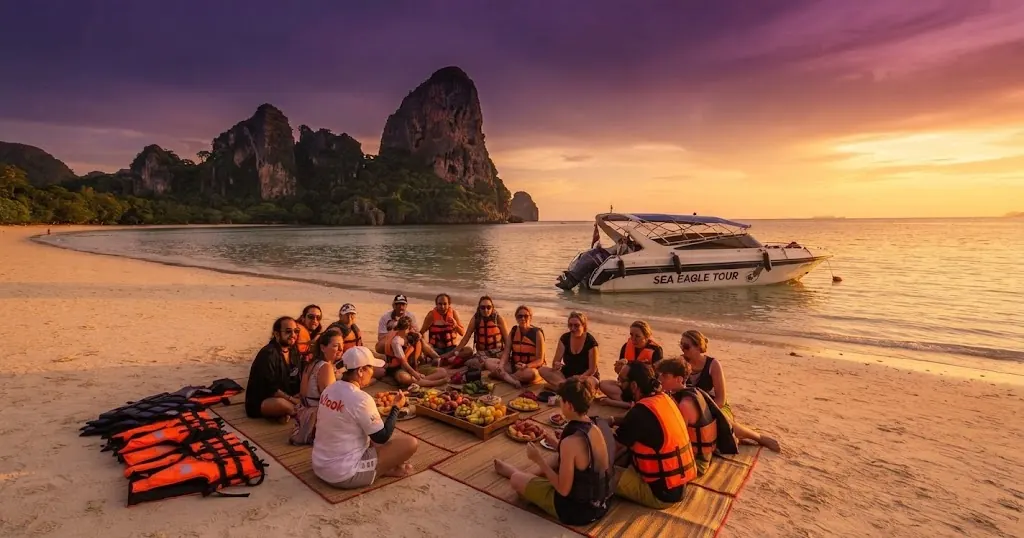 Speedboat tour group sharing lunch on the sand with life jackets beside a moored speedboat