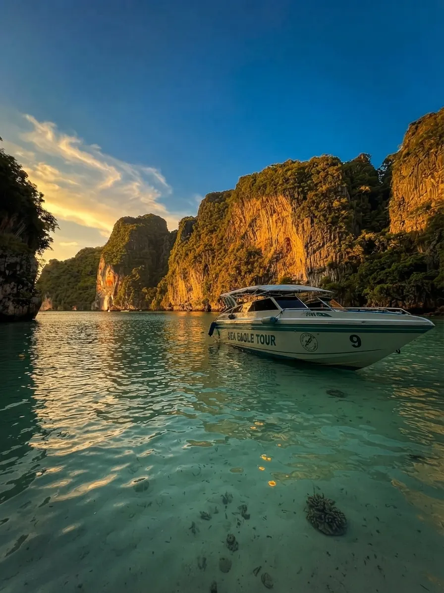 Speedboat anchored in clear turquoise water below limestone cliffs