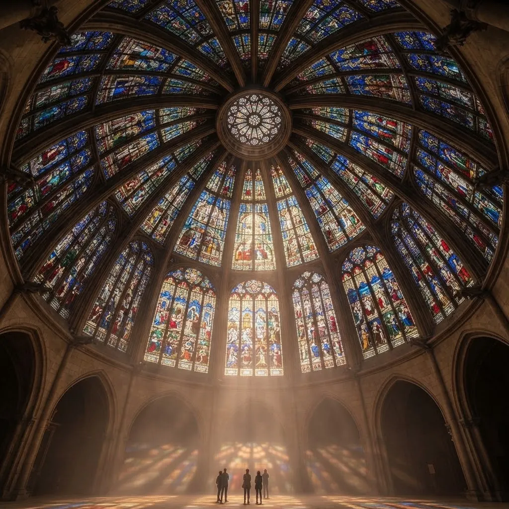 Stained-glass dome ceiling with beams of light and small figures below, a decorative image not taken in Krabi